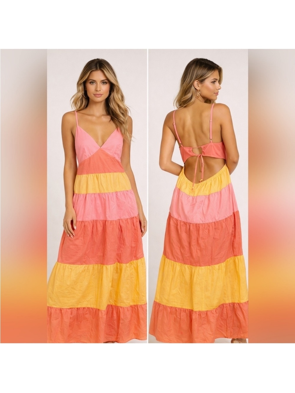 Tiered Colorblock Maxi Dress - Pink, Coral & Yellow Size L 100% Cotton